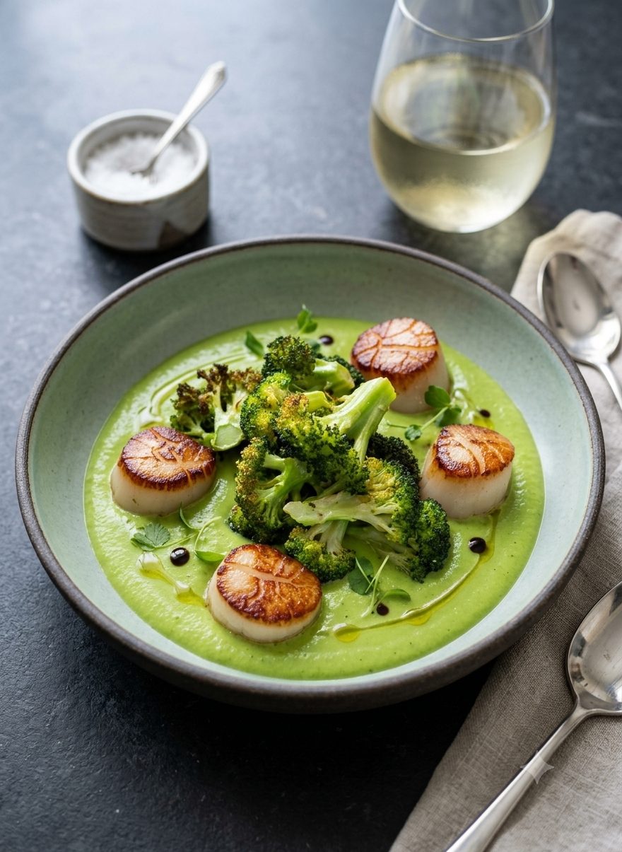 Seared scallops over a green puree with charred broccoli